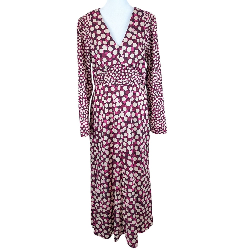Donna Morgan Polka Dots Midi Dress Sz 12 Wine Pink V-Neck Pockets Retro Bohemian